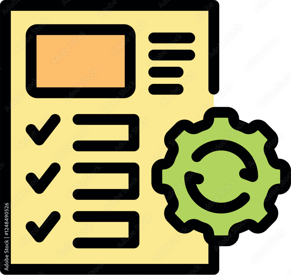 Poster project management process is being optimized, with gear symbol representing settings and checkmarks