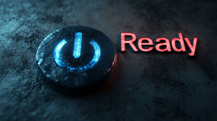 glowing letters with the word ready and power button symbol on dark concrete backgrund 3d render illustration