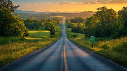 Fototapeta premium Sunset highway vanishing point, rural landscape, travel
