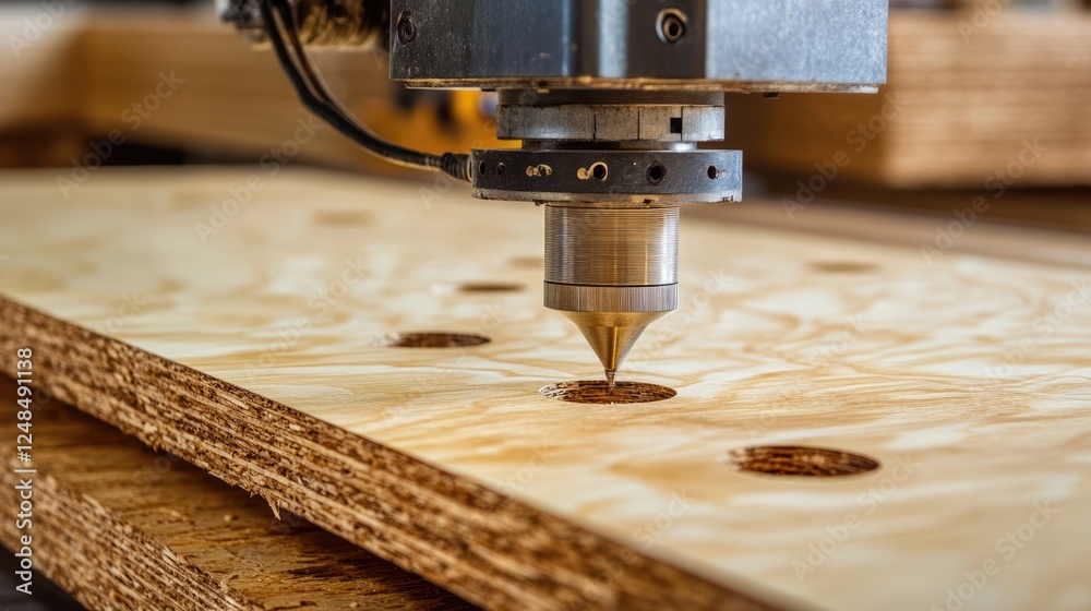 Poster automated cnc machine precisely drilling holes in plywood