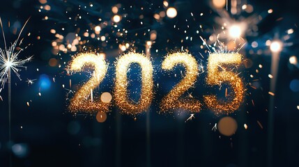 "2025" written with sparklers on a black background, creating a dazzling display of light, symbolizing the celebration of the New Year and the excitement of new beginnings.