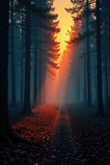 Obraz premium Orange hues seeping through misty forest on a cold night, forest, shadows, glow
