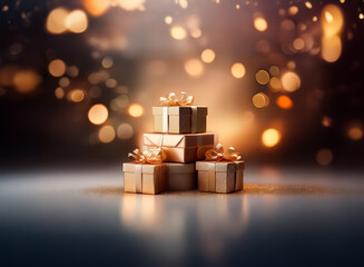 Golden gift boxes stacked elegantly with ribbons, bathed in a double exposure of soft, golden bokeh lights, creating a festive atmosphere.