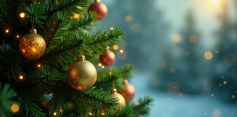 Fototapeta premium Ornamented evergreen tree with golden ornaments and warm lights, shine, tree