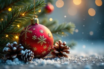 Ornament with golden snowflakes and pinecones, festive, luminous