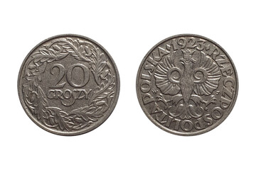 Coin 20 Groszy 1923. Монета of Poland. Coin 20 groszy 1923 Obverse and Reverse on white background