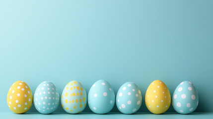 Colorful Easter Eggs in Pastel Shades Against a Soft Blue Background