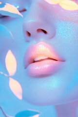 An intimate shot focusing on lips partially concealed by luminous blue foliage, gentle light shifts