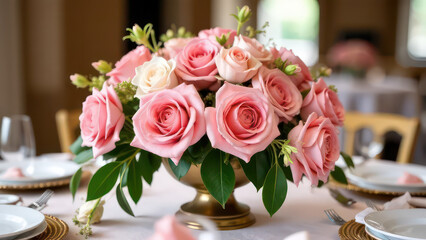 wedding table with decor floral composition made of pink flowers; professional photography, floral installation, beauty and elegance