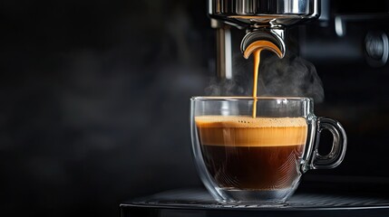 espresso being poured into an empty glass, close-up shot with the coffee machine in the background