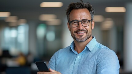Confident and Stylish Male Executive Checking Smartphone Notifications while Working in a Modern Corporate Office Environment