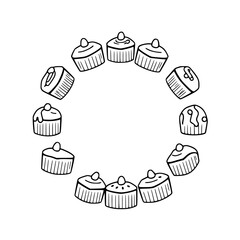 Circle of Cupcakes: a black and white illustration of cupcakes in a circle