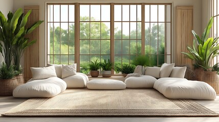 Serene Living Room Design With Natural Elements And Ample Sunlight