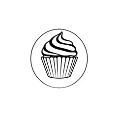 Simple Cupcake: a black and white minimalist line drawing of a cupcake in a circular frame on a white background.