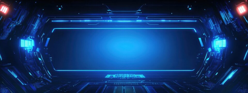 Blue technology background with neon light and empty space for text- blue frame border design concept of futuristic digital screen or game interface. - Powered by Adobe
