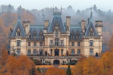 Obraz premium Autumnal Chateau: Majestic Castle, Picturesque Landscape, Fall Foliage