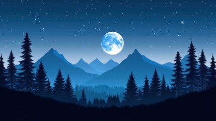 Serene Nighttime Mountain Landscape Underneath a Full Moon