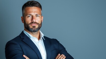 Confident corporate professional in formal suit and tie posing for a studio headshot against a blue and gray background  The image conveys a sense of authority leadership