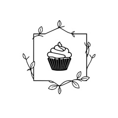 Cupcake illustration within a square frame with a floral wreath, minimalist design.