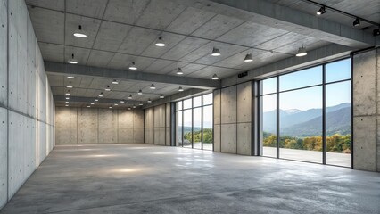 Vast Concrete Hall with Panoramic Mountain View and Recessed Lighting