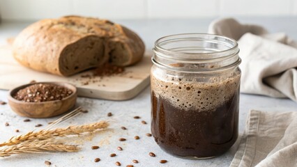 A mason jar of active sourdough starter next to a loaf of dark bread and wheat