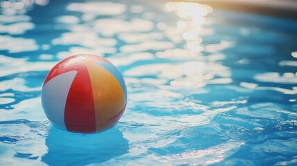 Colorful beach ball floating in the water of an outdoor swimming pool- with sunlight creating a soft glow on its surface and reflecting off the blue waters.