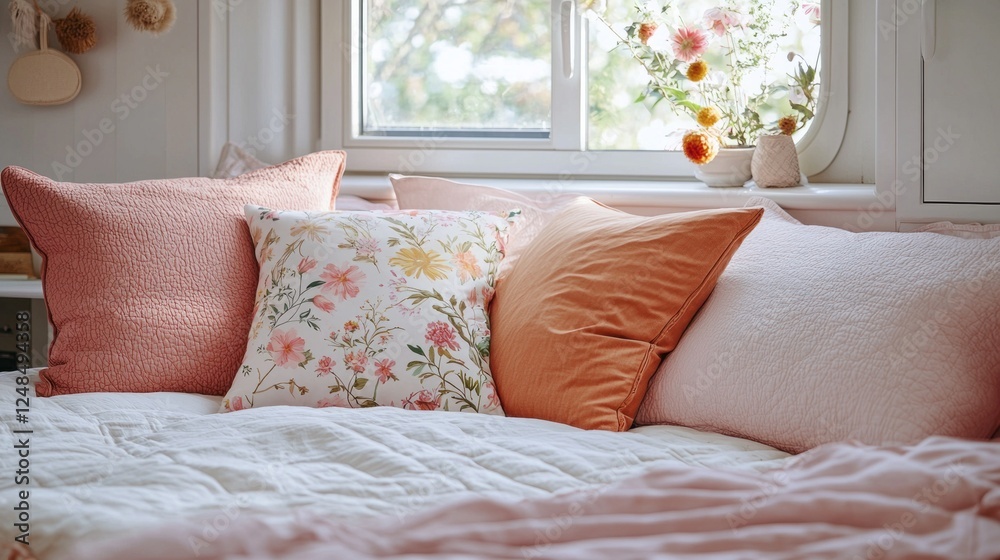 Aufkleber Soft textures and warm hues create a tranquil atmosphere in this inviting space. Colorful pillows rest on a plush bed, inviting relaxation under natural light streaming through the window