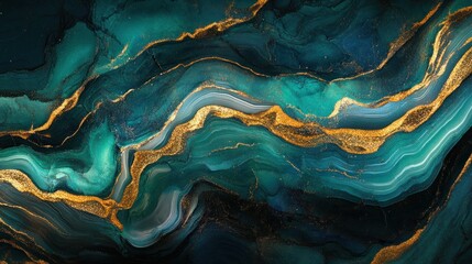 Abstract Teal And Gold Swirling Marble Art
