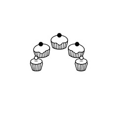 Five cupcakes arranged in an arc, each topped with a black dot against a white background.