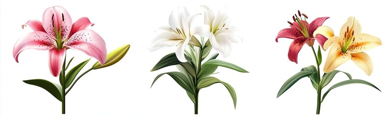 Naklejka premium Vibrant Lilies: Blooming Beauty in Pink, White, and Yellow, Exquisite Floral Illustrations