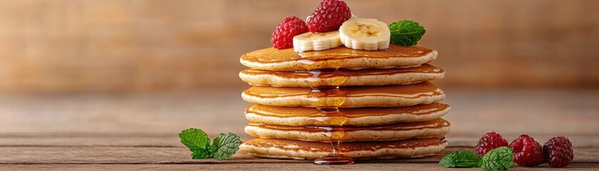 Delectable stack of pancakes topped with a mouthwatering arrangement of fresh berries drizzled with sweet maple syrup and garnished with fragrant mint leaves on a rustic wooden table