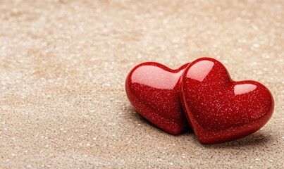 Glittering Red Hearts on Sandy Background