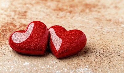Fototapeta premium Glittering Red Hearts on Sandy Background
