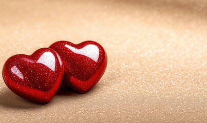 Glittering Red Hearts on Sandy Background