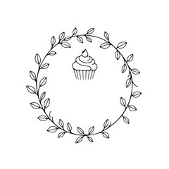 Delicate cupcake illustration surrounded by a leafy, whimsical wreath, with a single red cherry on top.