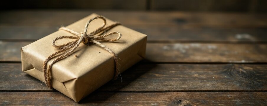 Twine wrapped wooden package on a rustic table, wrapping, natural wood, vintage