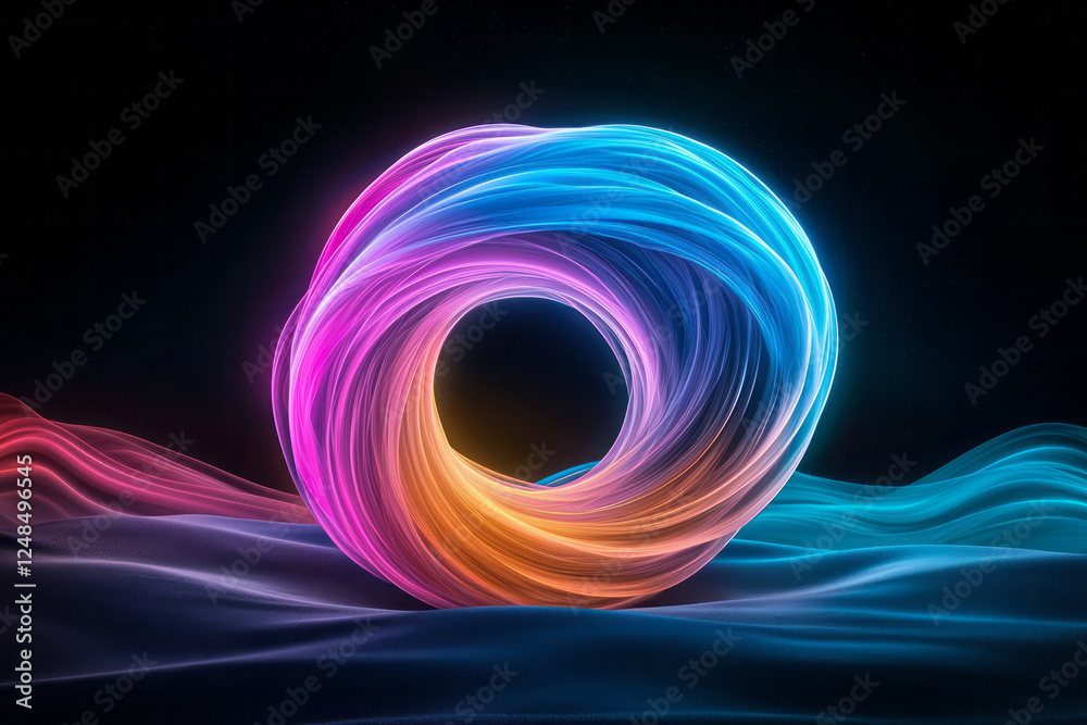 Wall mural A moody image capturing swirling light lines of pink, blue, and orange meeting at a glowing sphere,