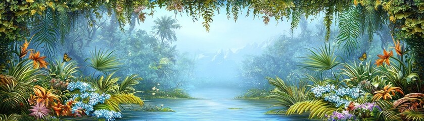 Lush jungle scene by a river