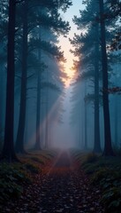 Obraz premium Twinkling starlight on a misty forest landscape at dusk, fog, mist, autumn