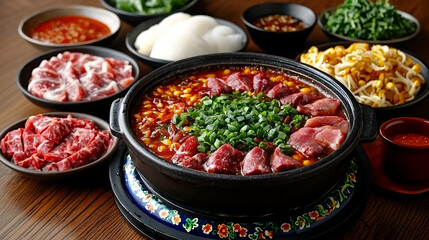  sichuan hot pot feast with spicy broth and assorted meats