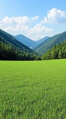 Obraz premium Lush green valley with mountains and blue sky. Possible use Nature background, wallpaper