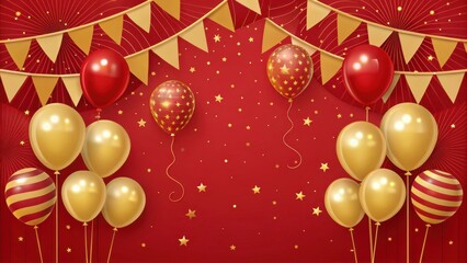 Celebration Scene with Red and Gold Balloons and Bunting