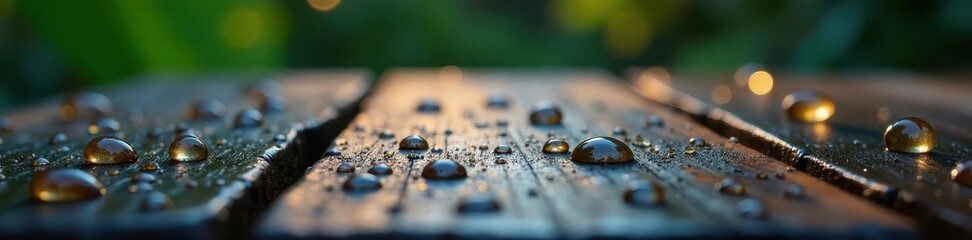 Large, glistening rain drops on dark stained garden table, stain, glistening, glossy