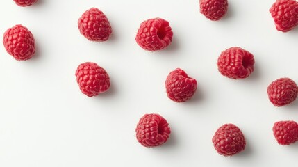 Pattern of fresh red raspberries on white background