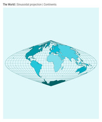 World Map. Sinusoidal projection. Continents style. High Detail World map for infographics, education, reports, presentations. Vector illustration.