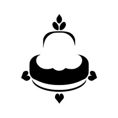 Minimalist black-and-white illustration of a cake and heart with a few leaves.