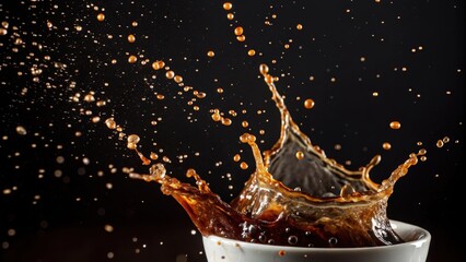 A Dynamic Splash of Dark Coffee in a White Mug An Image of Energy and Rich Aroma