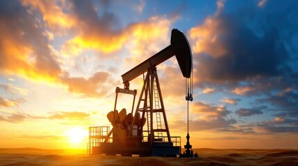 Dramatic sunset sky with vibrant colors illuminating a remote desert oil field with a solitary pumpjack silhouetted against the atmospheric landscape  Concept of energy production