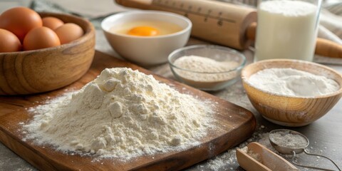 A Wooden Board Showcases Baking Ingredients Flour, Eggs, and Other Essentials for Delicious Homemade Treats