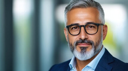 Fototapeta premium Confident and Serious Corporate Leader Posing for a Professional Headshot Portrait in a Gray Suit and Tie with a Thoughtful Expression and Glasses